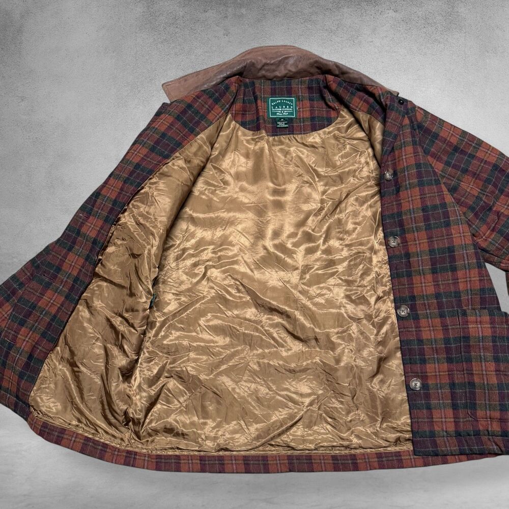 Vtg 90s Ralph Lauren Outdoor Jacket Lambswool Leather Barn Chore Coat Boxy Plaid - Picture 6 of 7